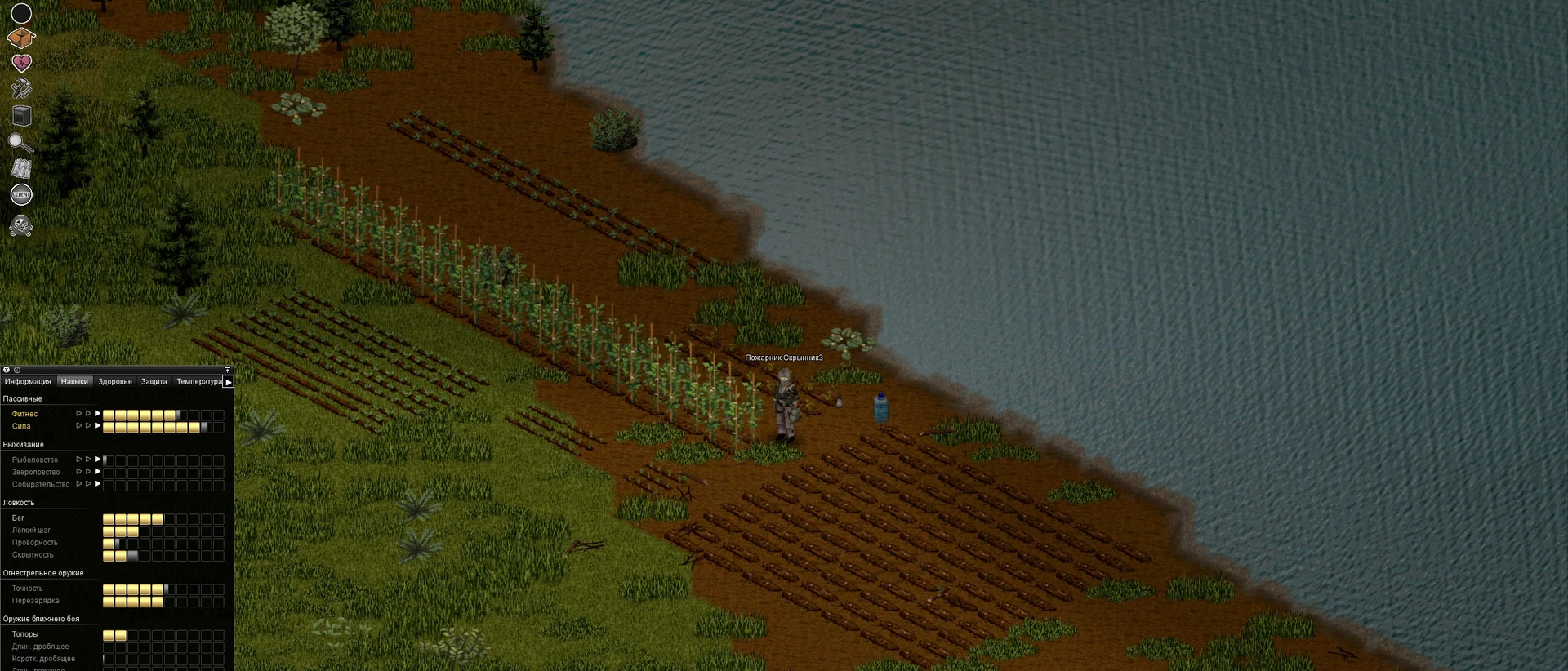 Огород у реки и окно Skills в Project Zomboid