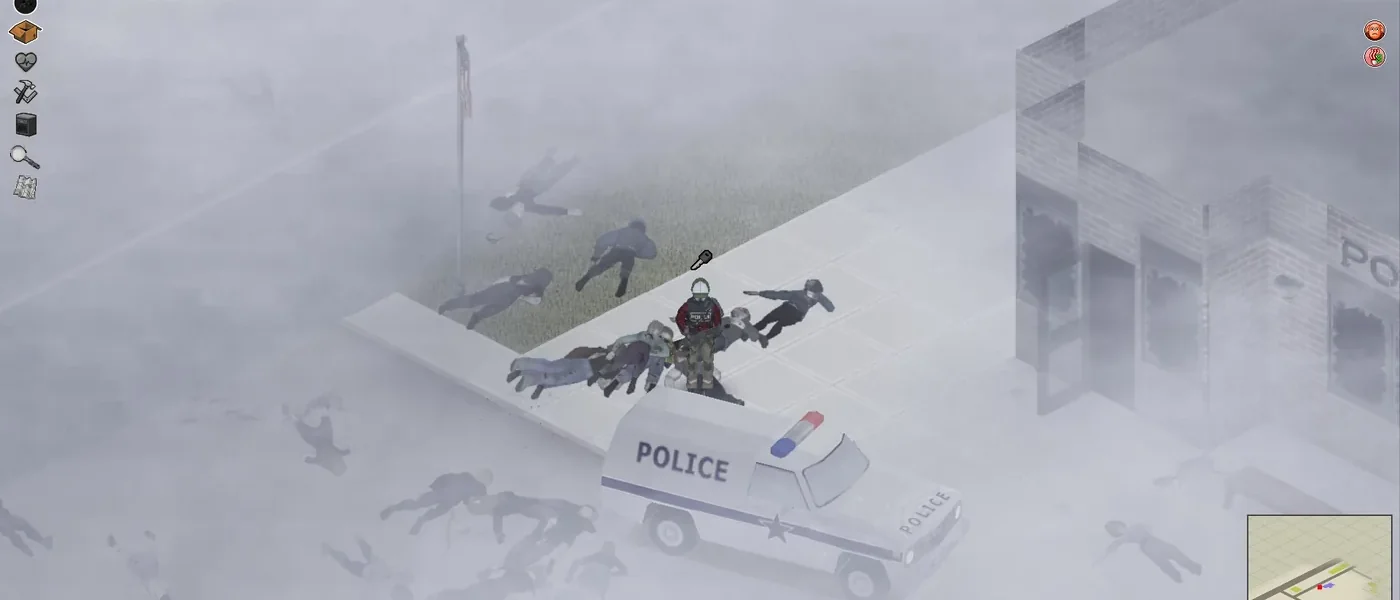 Зачистка у полицейского участка: типичная сцена для Полицейского (Police Officer) в Project Zomboid